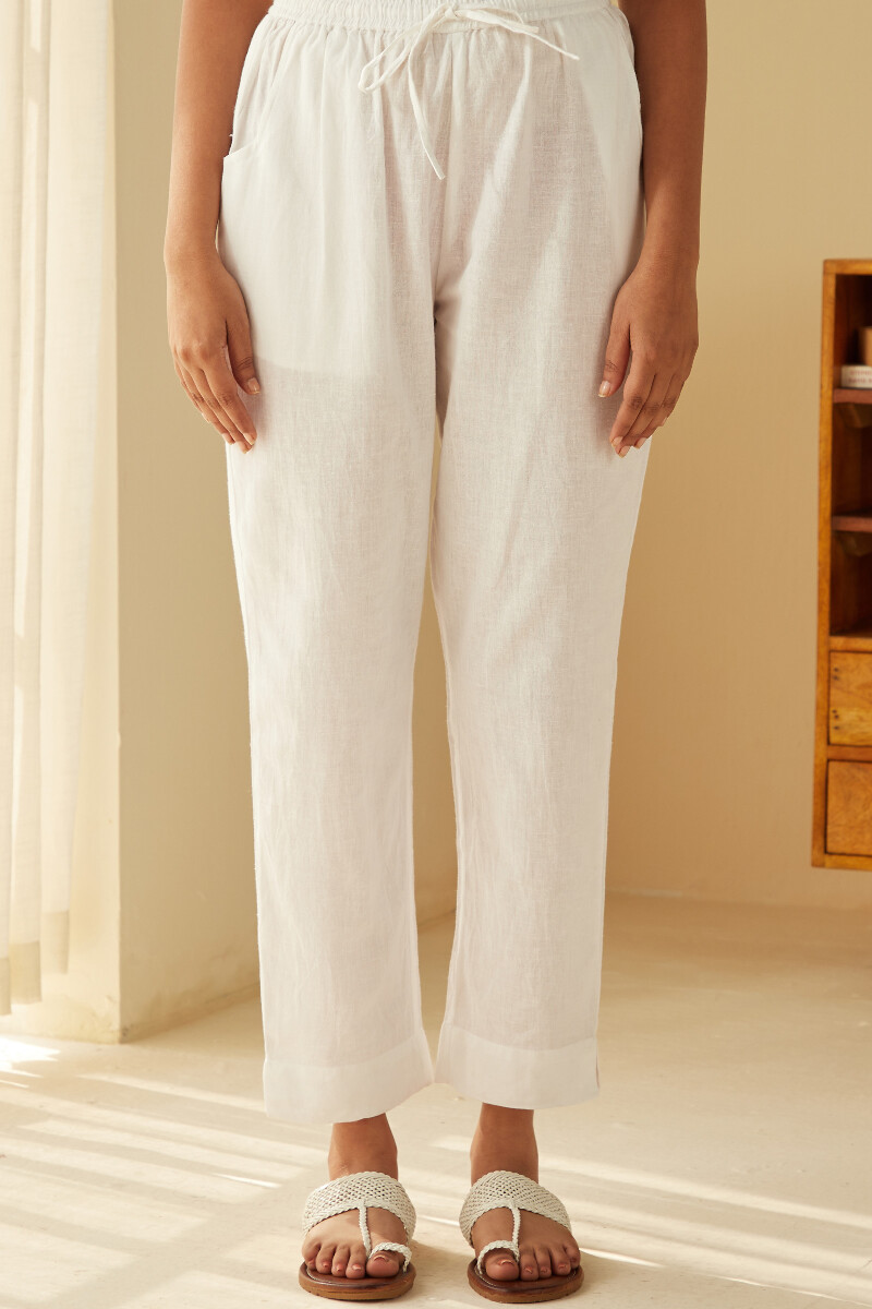White Handcrafted Cotton Linen Narrow Pants