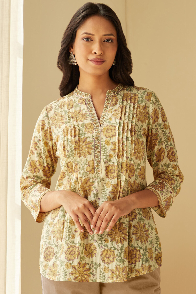 Beige Hand Block-Printed Cotton Dobby Top