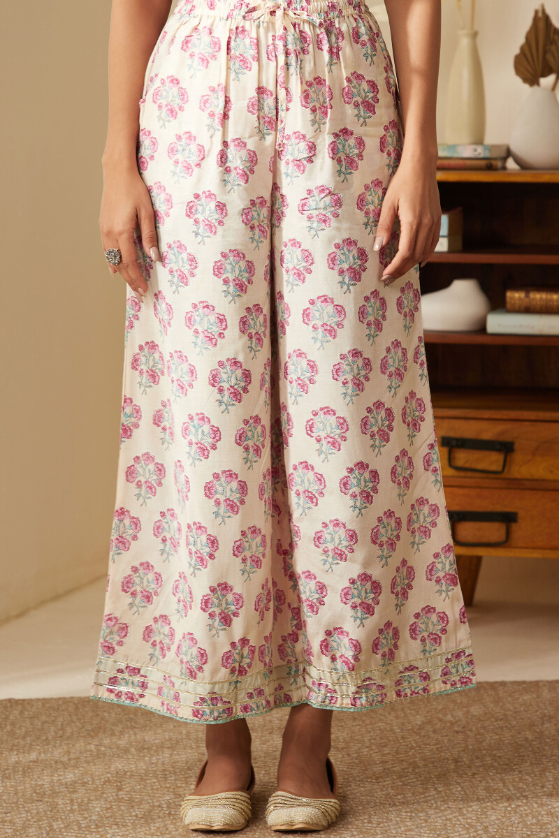 Off-White Hand Block-Printed Modal Palazzo