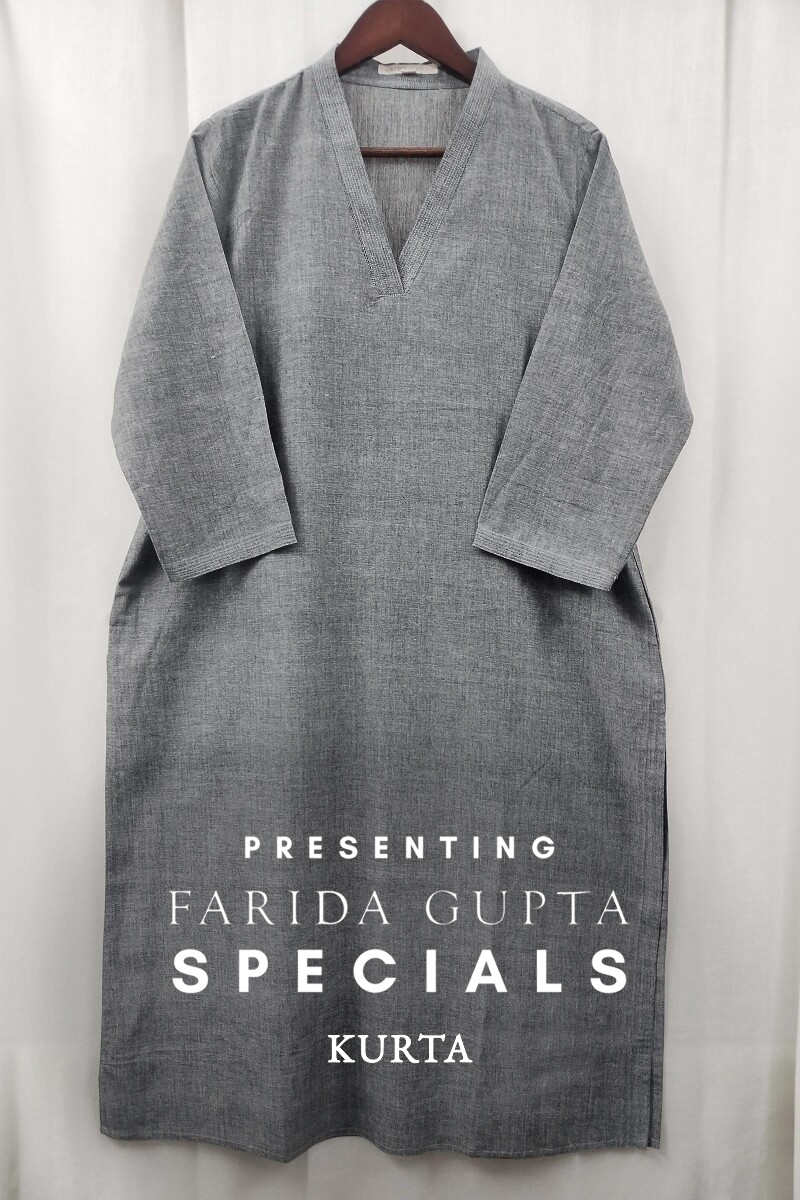 Grey Handcrafted Straight Handloom Cotton Kurta