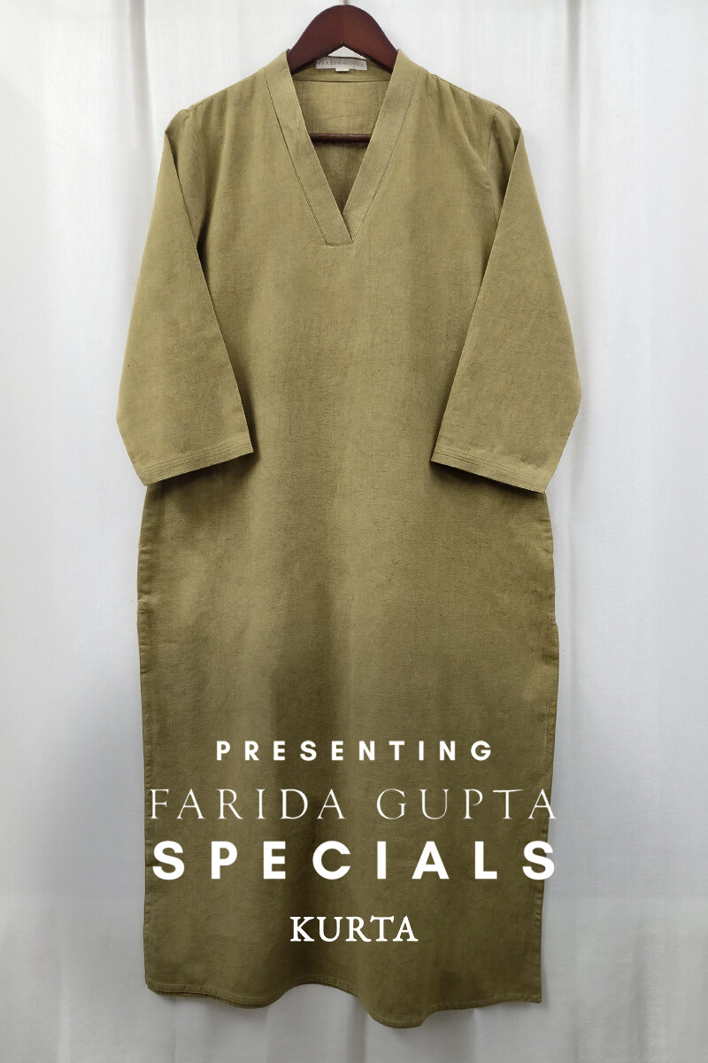 Olive Green Handcrafted Straight Handloom Cotton Kurta