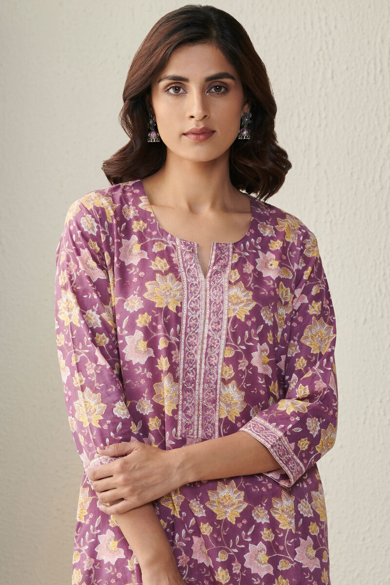 Purple Hand Block-Printed Cotton Kaftan