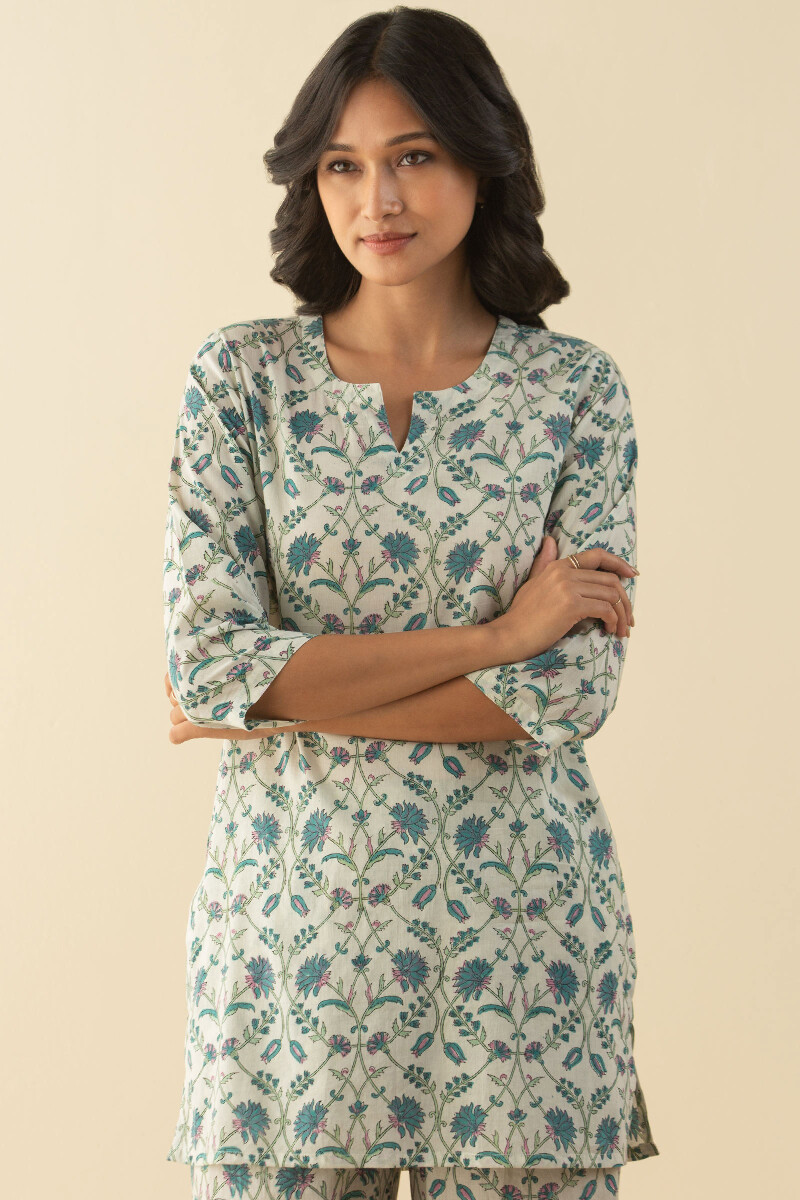 White Hand Block-Printed Cotton Loungewear Set