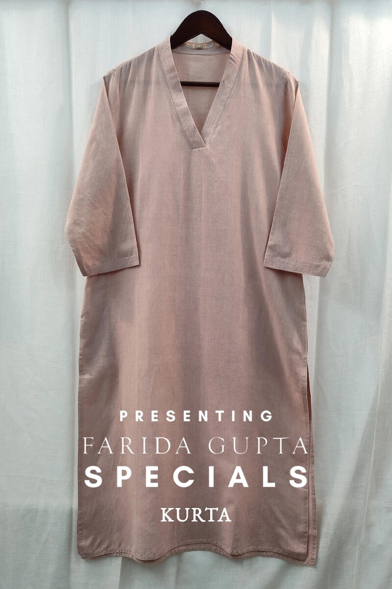 Powder Pink Handcrafted Straight Handloom Cotton Kurta