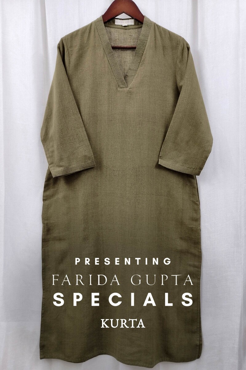 Olive Green Handcrafted Straight Handloom Cotton Kurta