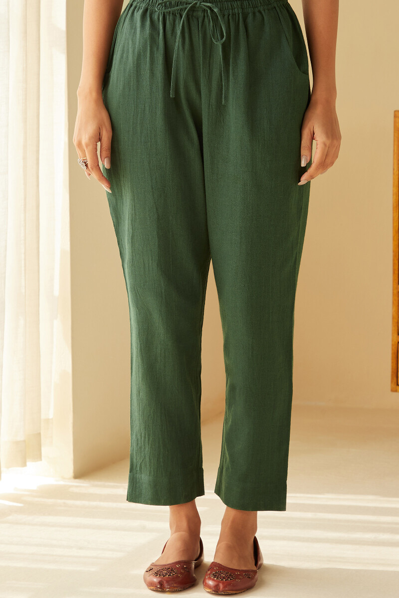 Forest Green Handcrafted Cotton Flax Narrow Pants