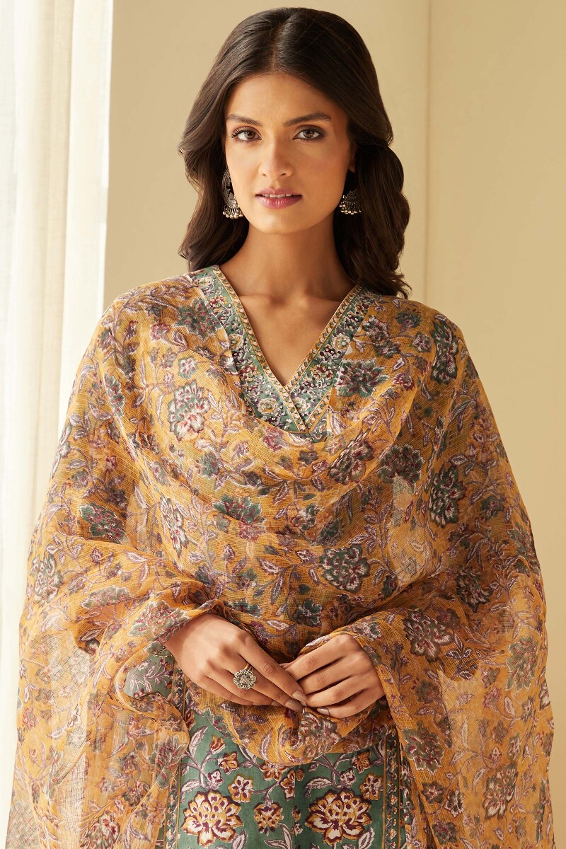 Mustard Hand Block-Printed Kota Dupatta