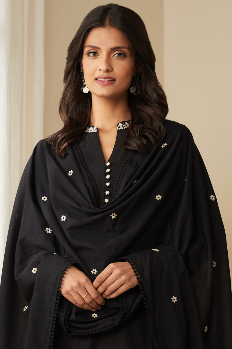 Black Handcrafted Cotton Mul Dupatta