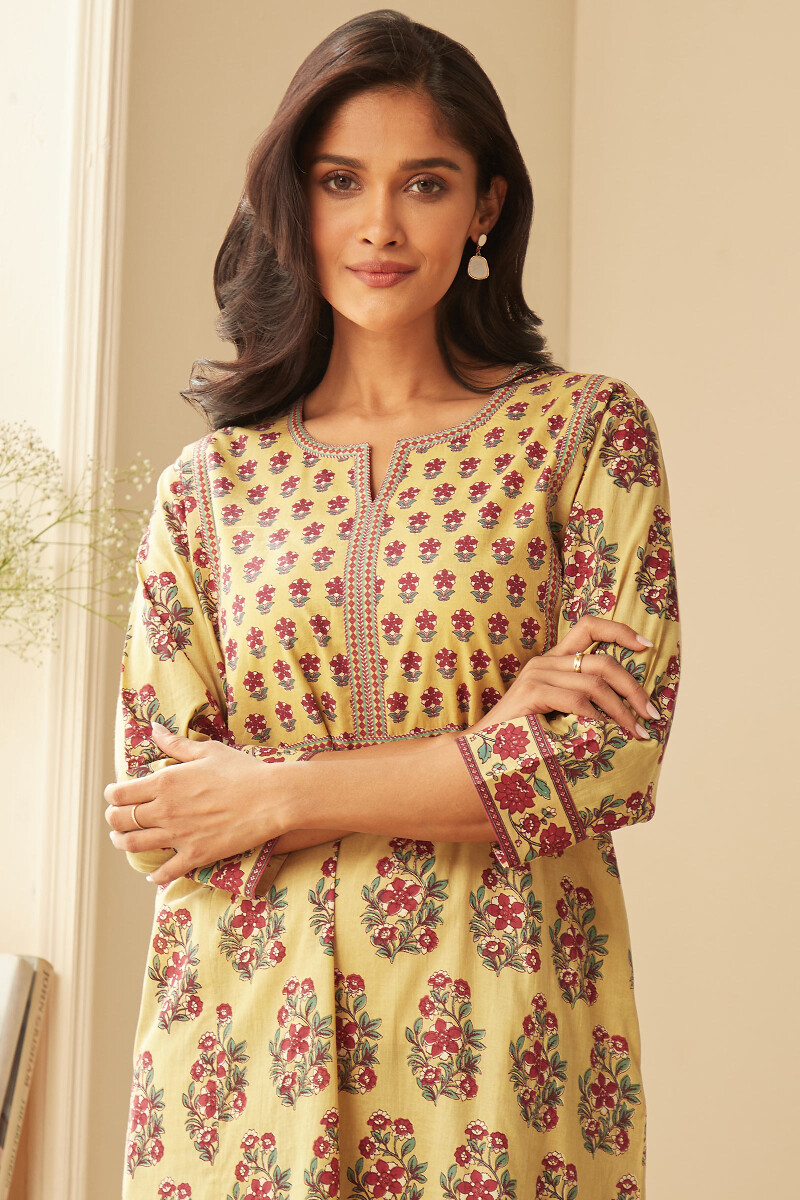 Yellow Hand-Printed Cotton Kaftan