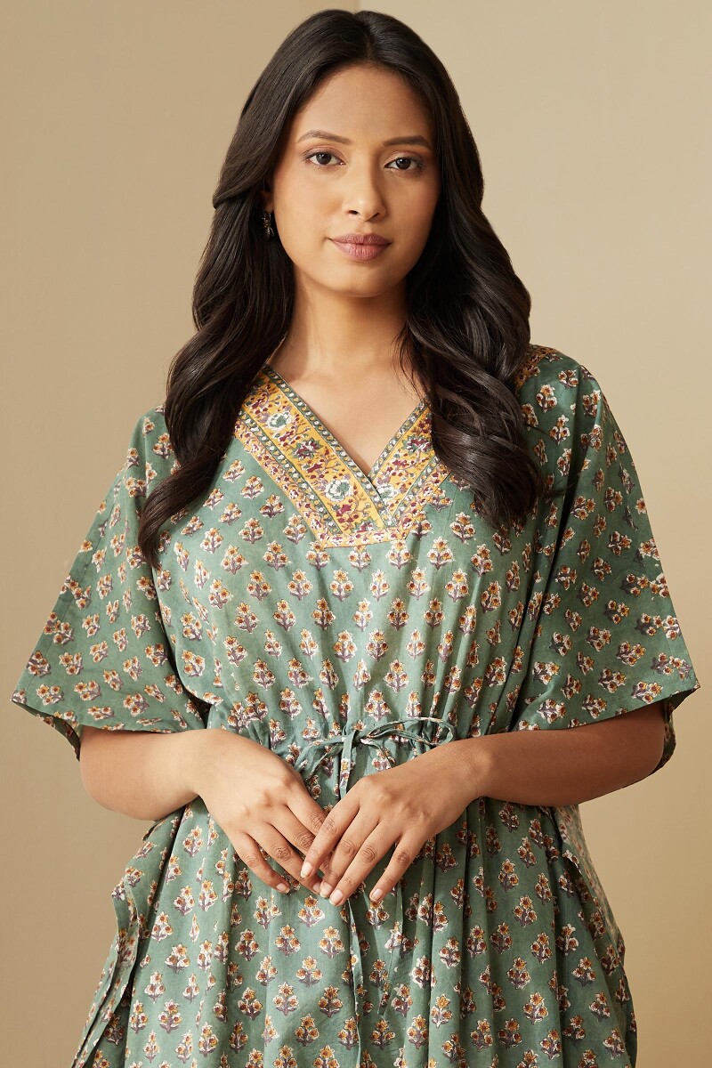 Green Hand Block-Printed Cotton Kaftan