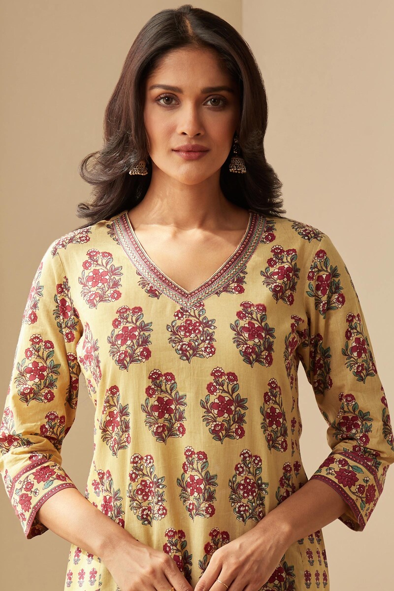 Yellow Hand-Printed Straight Cotton Kurta
