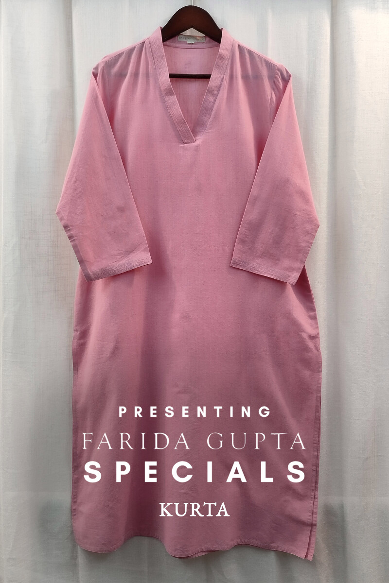 Pink Handcrafted Straight Handloom Cotton Kurta