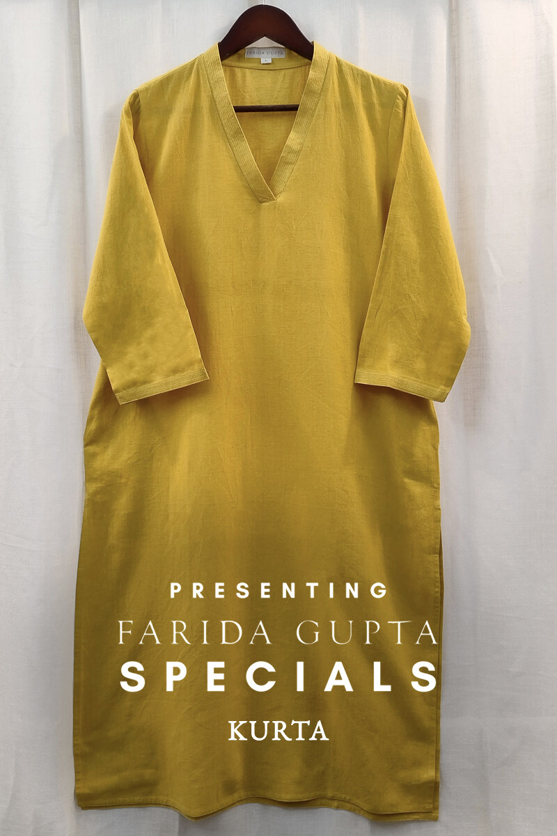 Yellow Handcrafted Straight Handloom Cotton Kurta