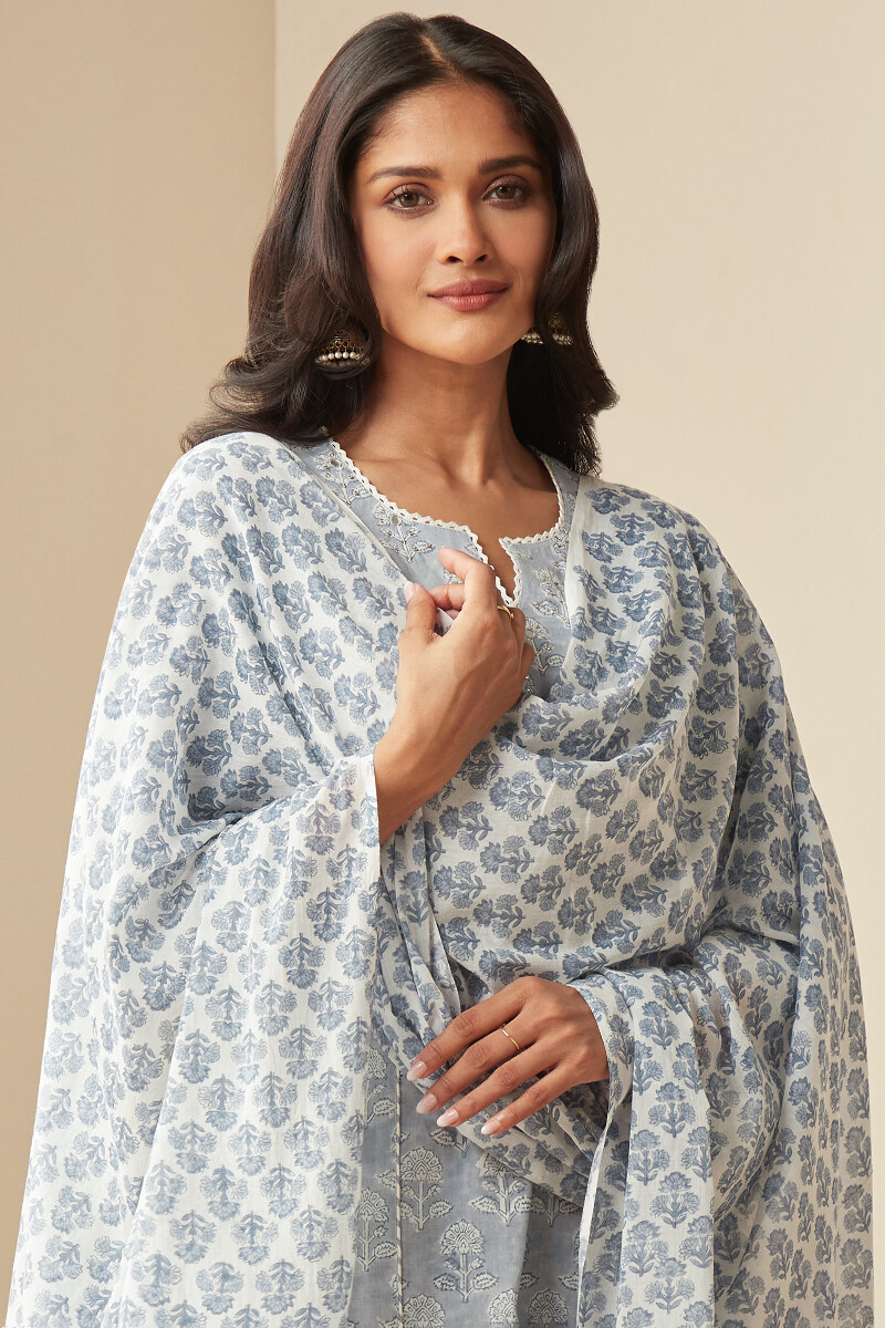 White Hand Block-Printed Cotton Mul Dupatta
