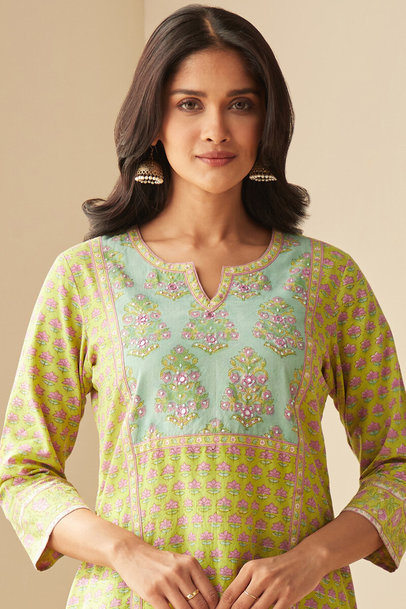 Yellow Hand Block-Printed Straight Cotton Kurta