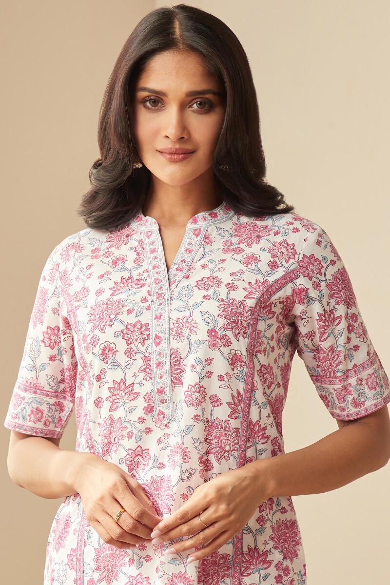 White Hand Block-Printed Straight Cotton Kurta