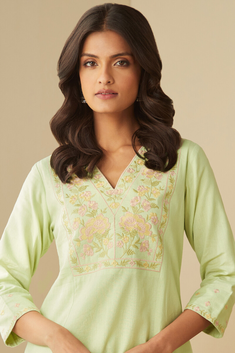 Green Handcrafted Straight Cotton Flax Kurta