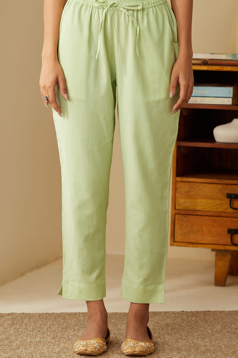 Green Handcrafted Straight Cotton Flax Narrow Pants