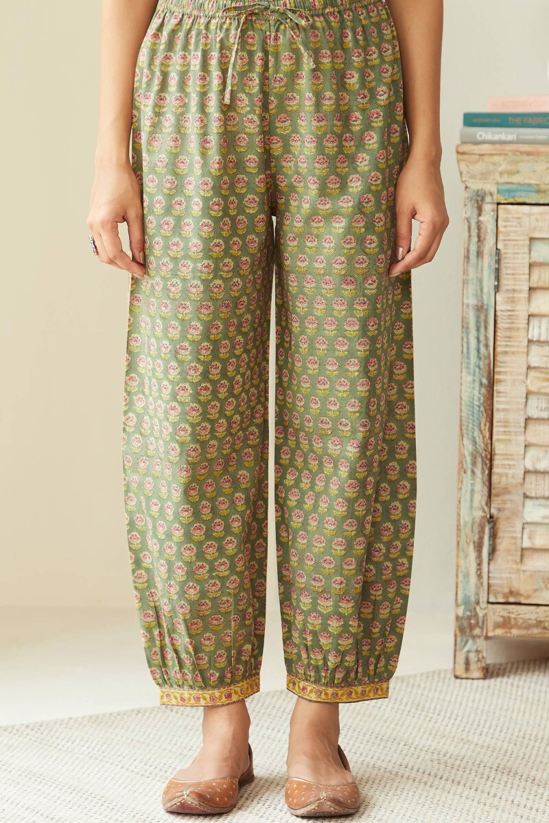 Olive Green Hand Block-Printed Cotton Izhaar Pants