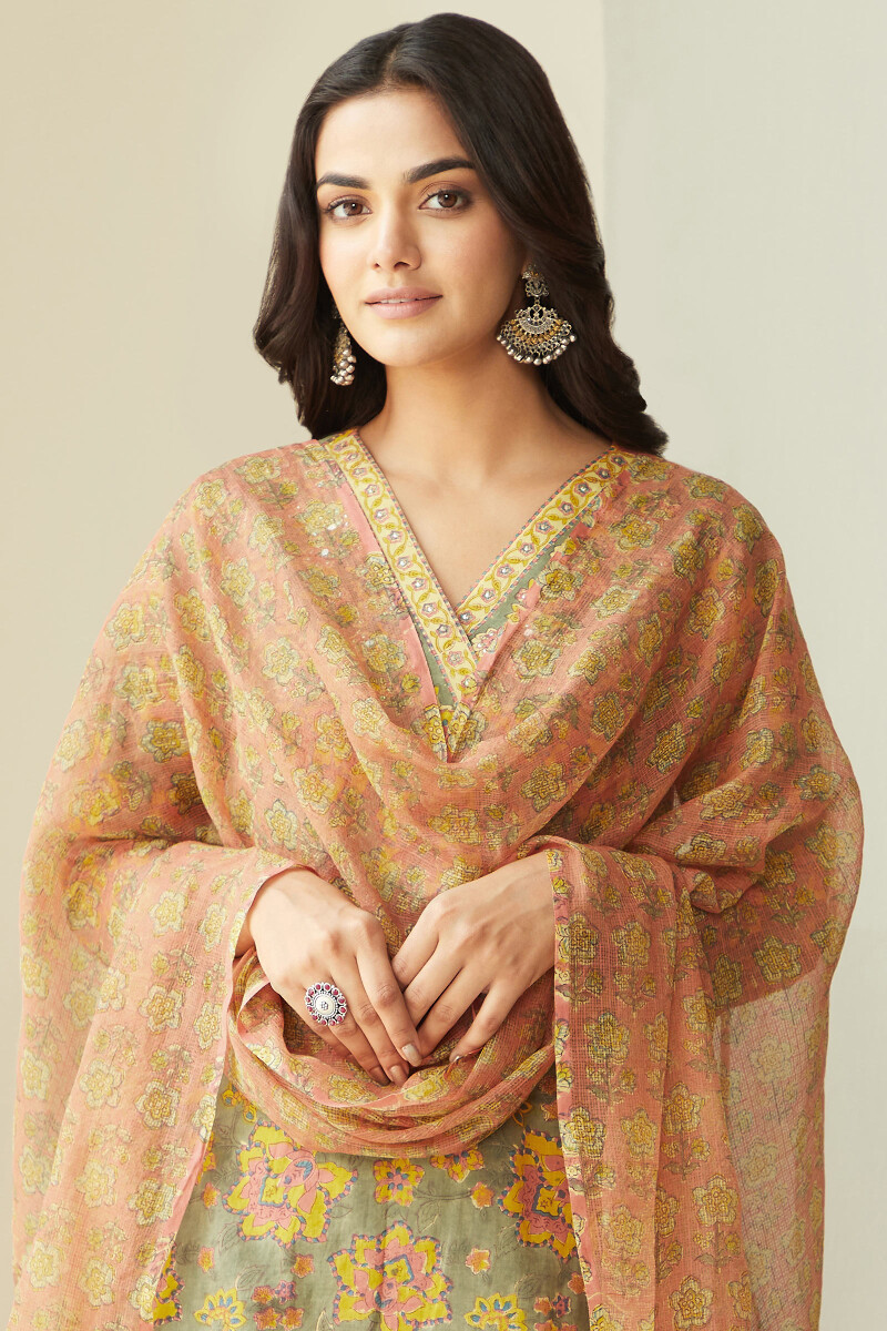 Peach Hand Block-Printed Kota Dupatta