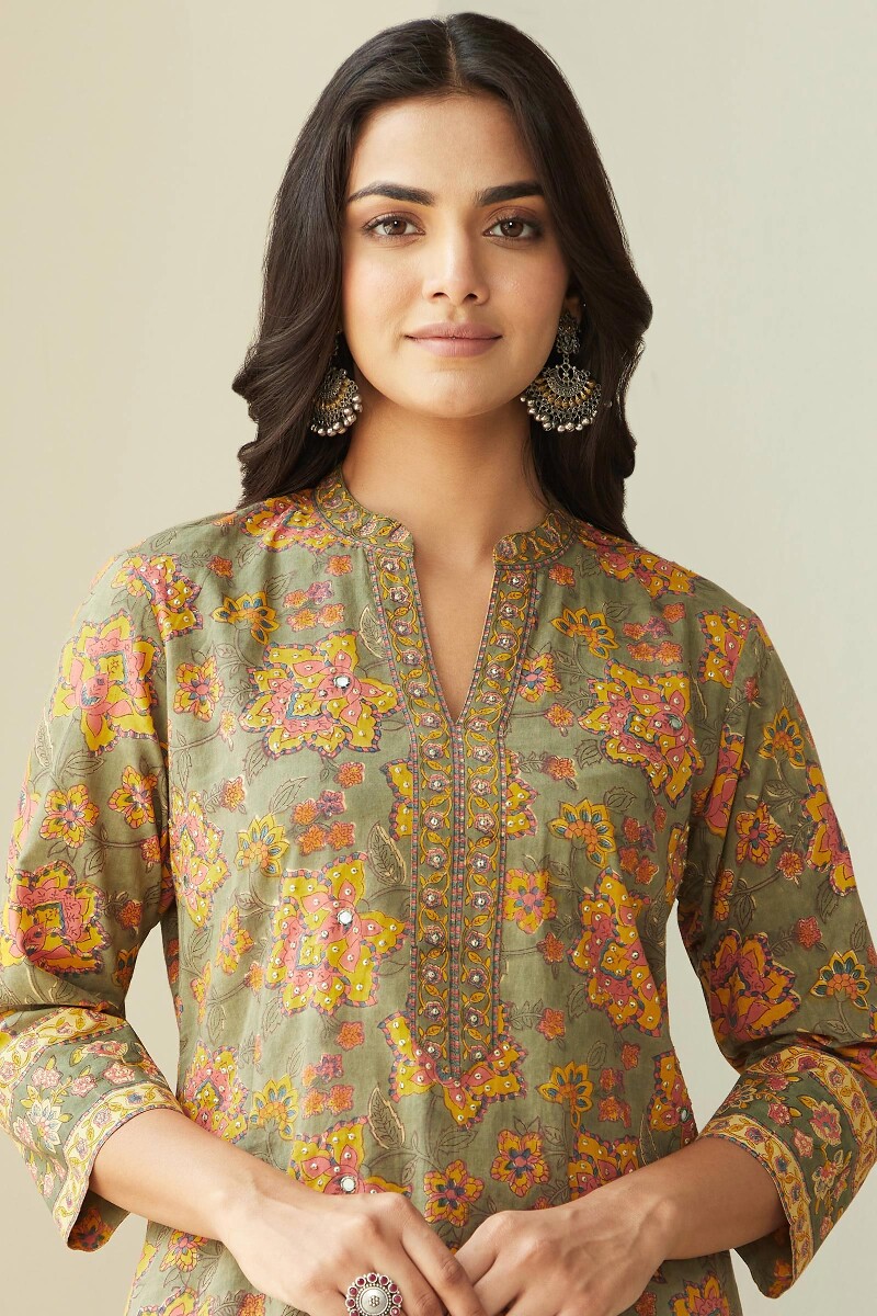 Olive Green Hand Block-Printed Straight Cotton Kurta