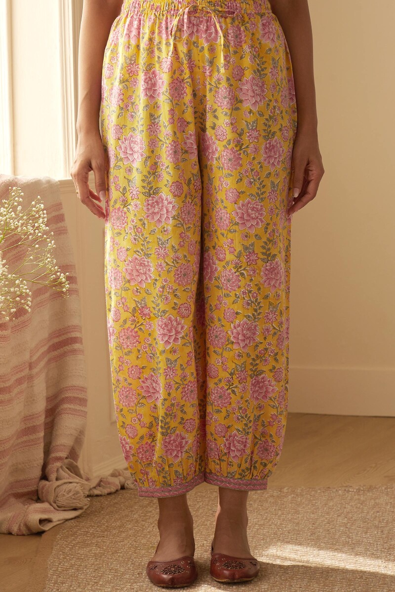 Yellow Hand Block-Printed Cotton Izhaar Pants