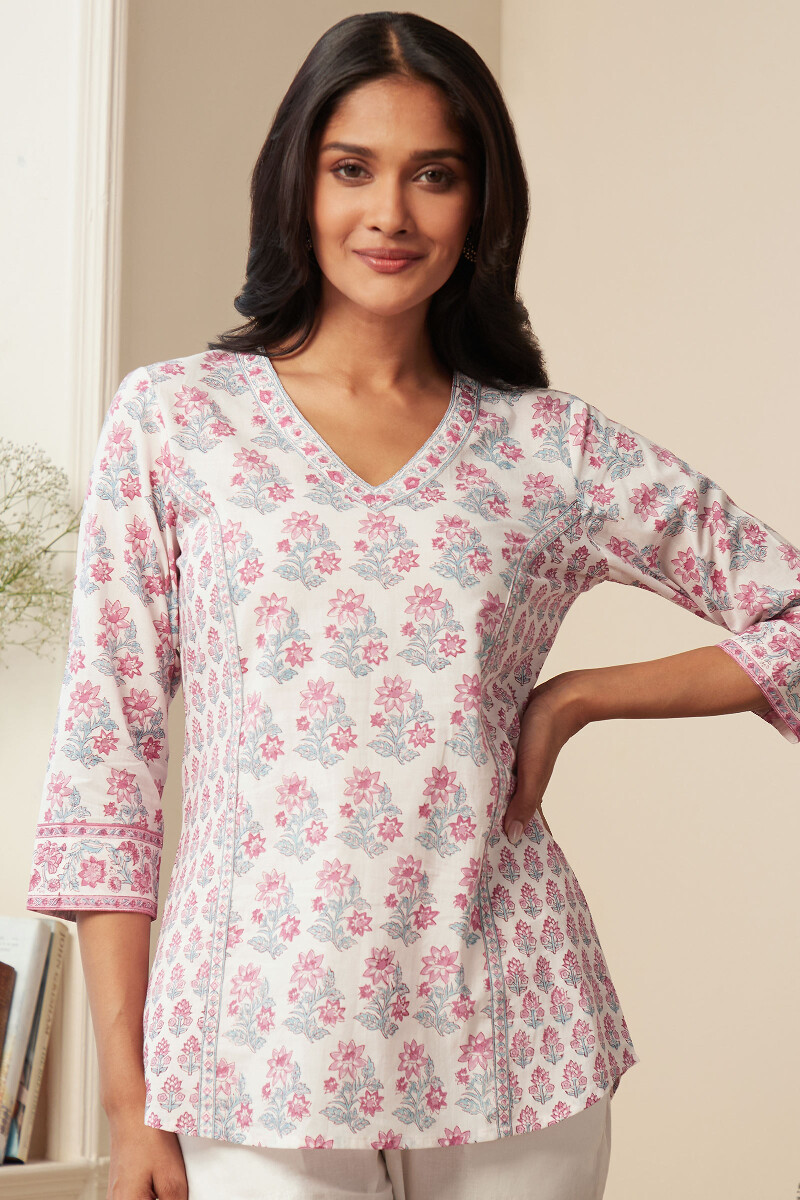 White Hand Block-Printed Cotton Top