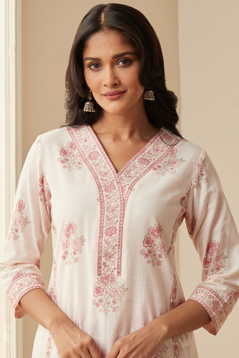 Pink Hand Block-Printed Straight Cotton Slub Kurta