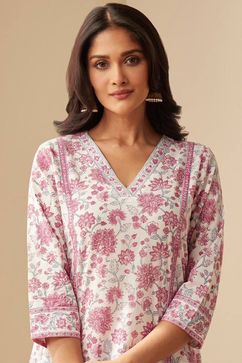 White Hand Block-Printed Straight Cotton Kurta