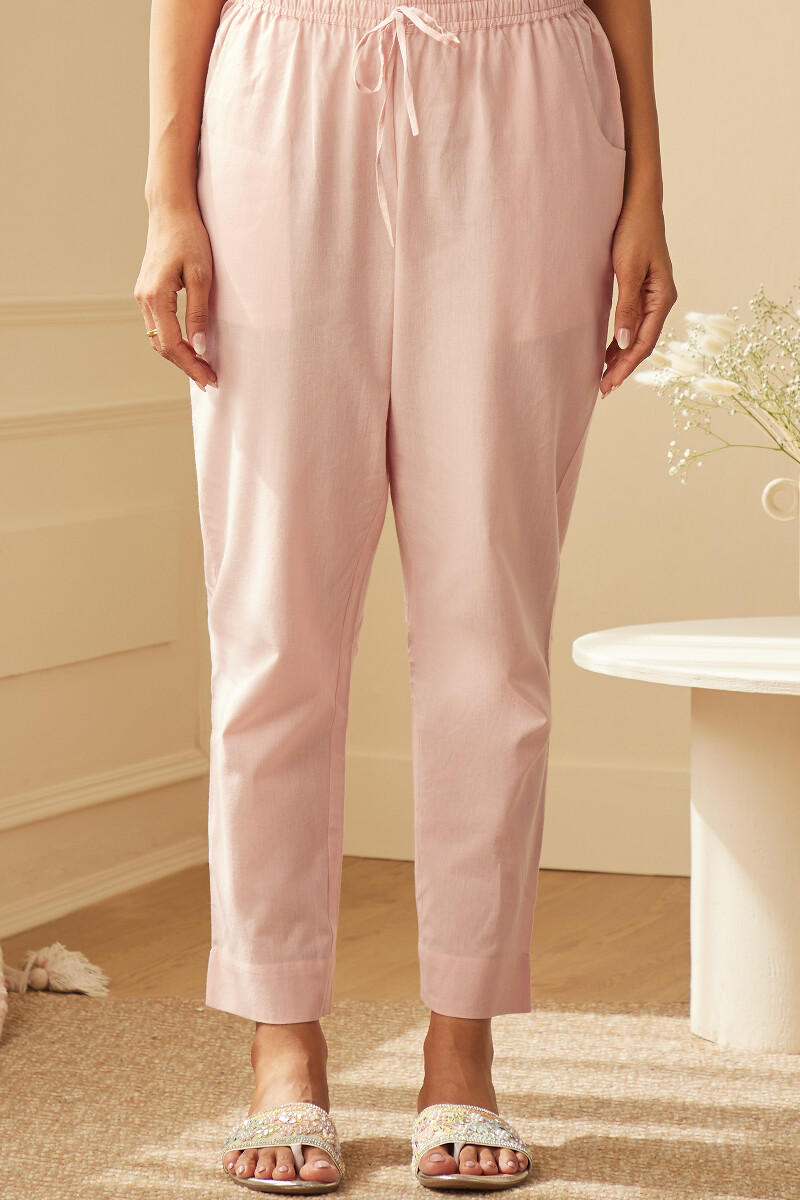 Pink Handcrafted Cotton Narrow Pants