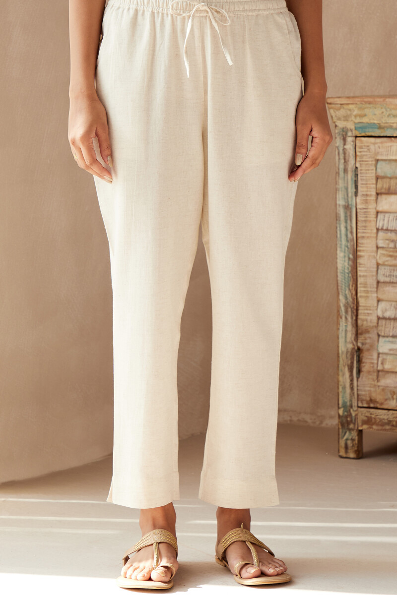 White Handcrafted Cotton Linen Narrow Pants