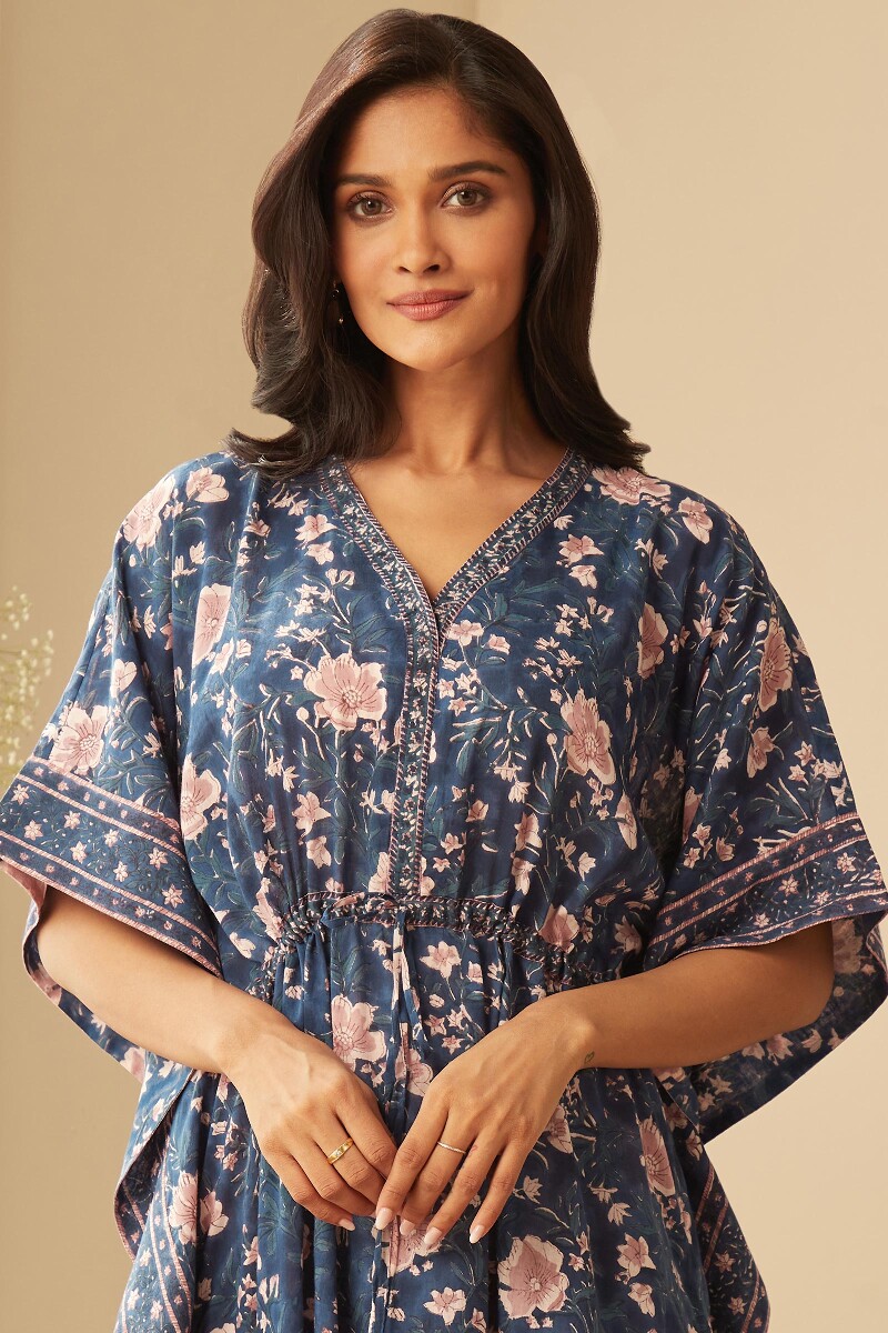 Blue Hand Block-Printed Cotton Mul Kaftan