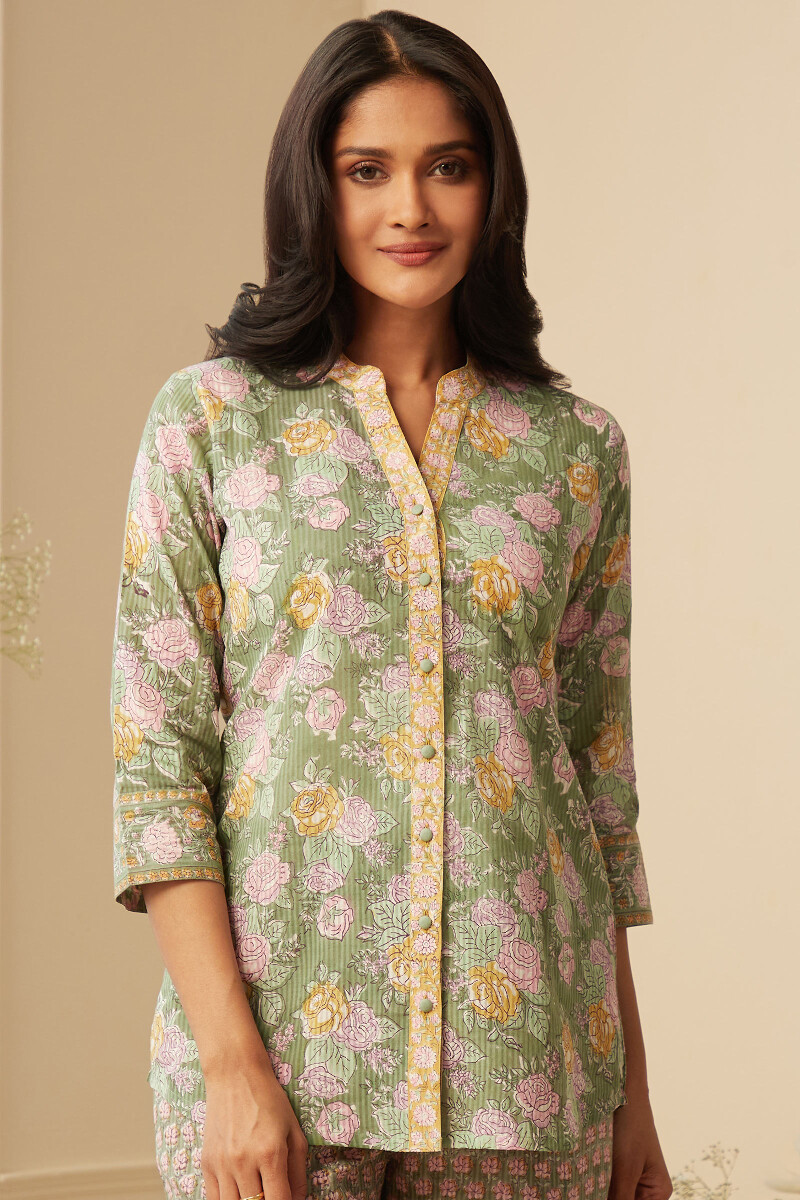 Green Hand Block-Printed Cotton Dobby Loungewear Set