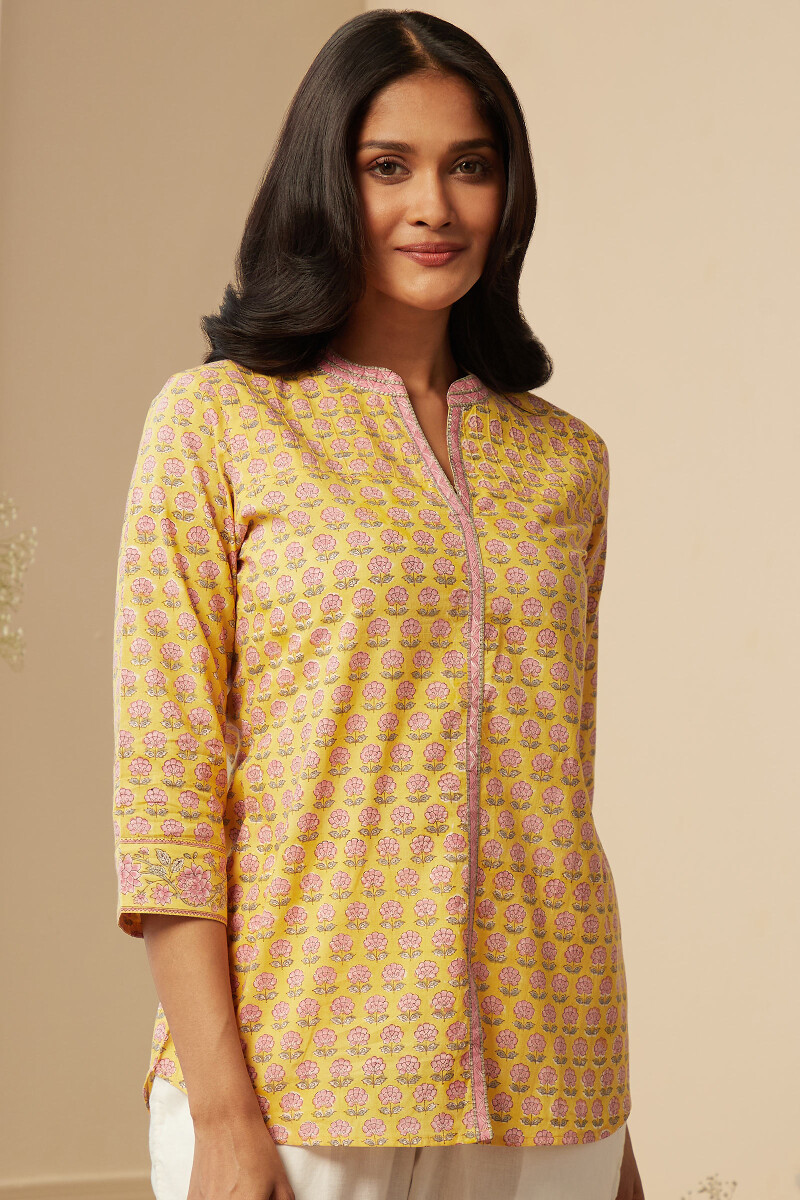 Yellow Hand Block-Printed Cotton Top