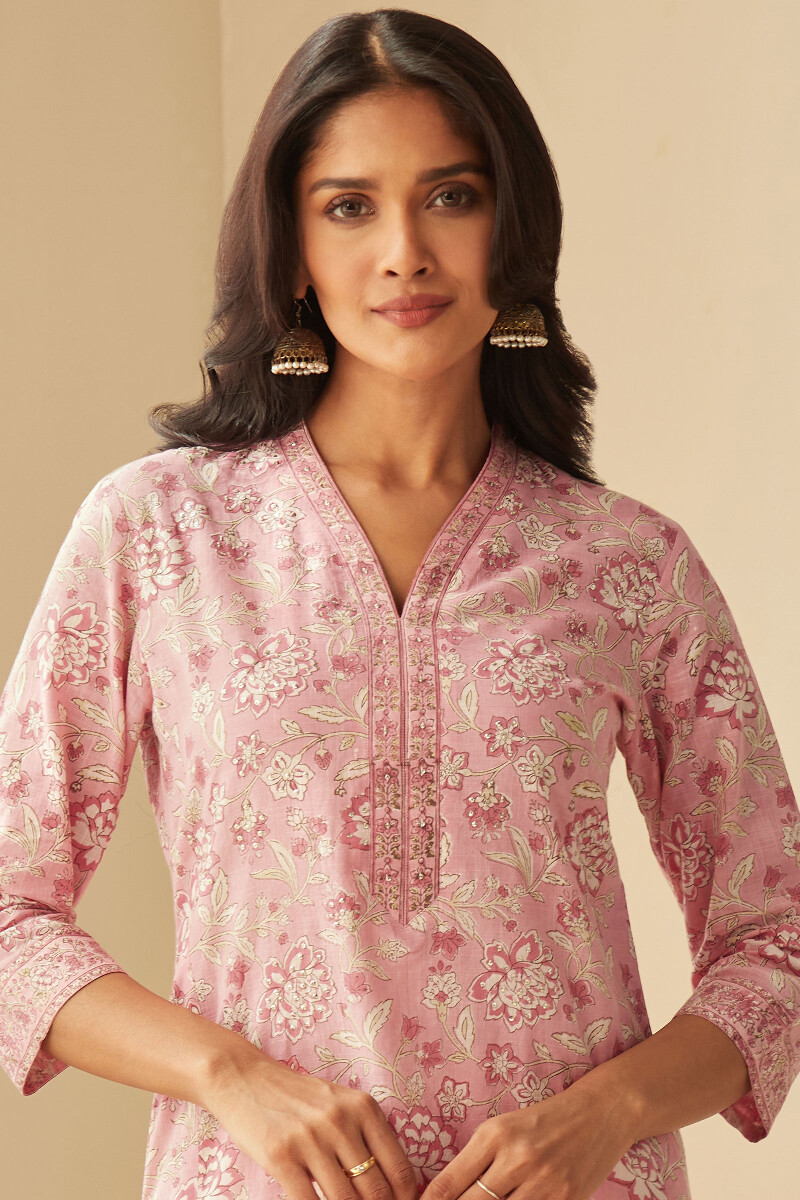 Pink Hand Block-Printed Straight Cotton Slub Kurta