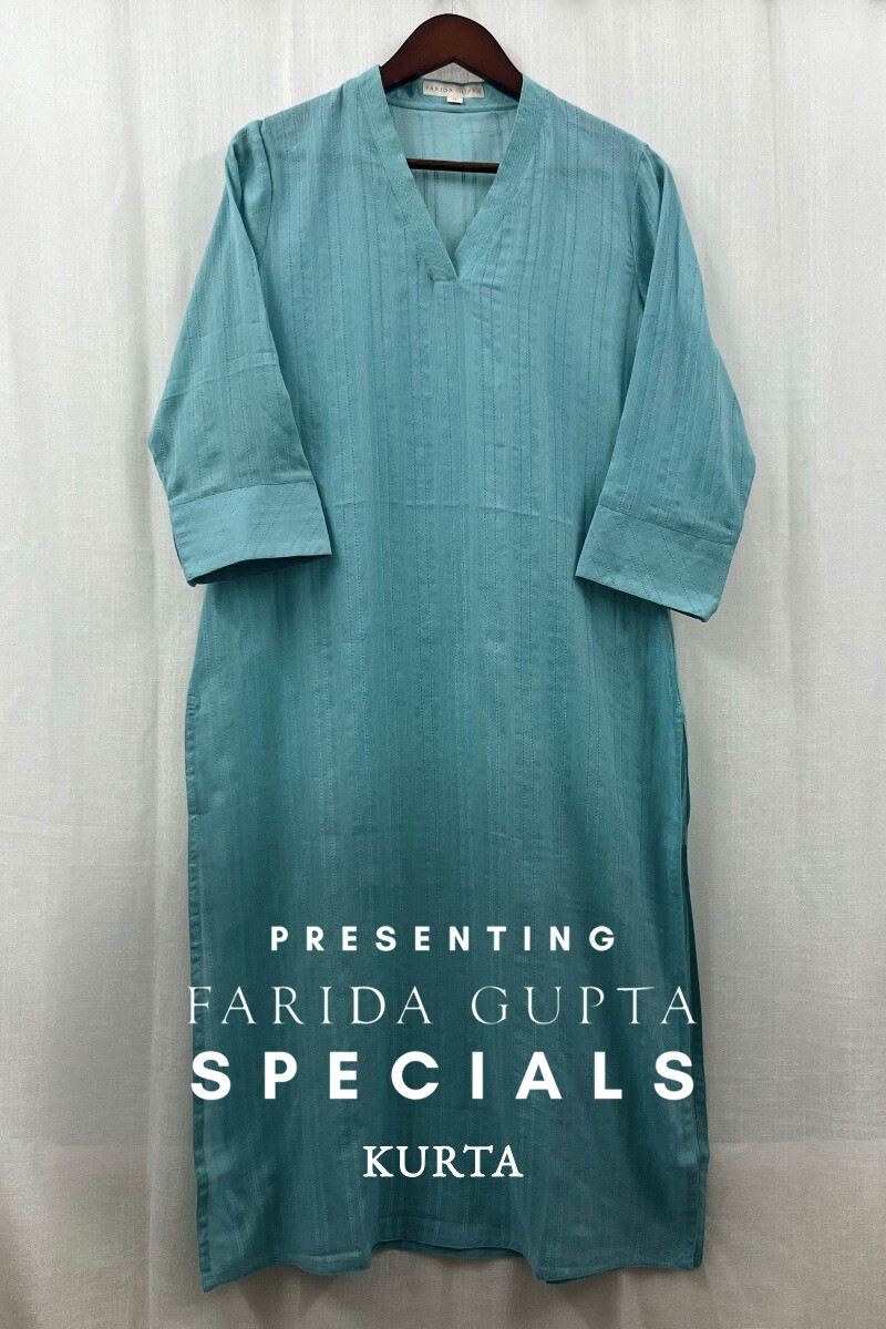 Sky Blue Handcrafted Straight Cotton Dobby Kurta