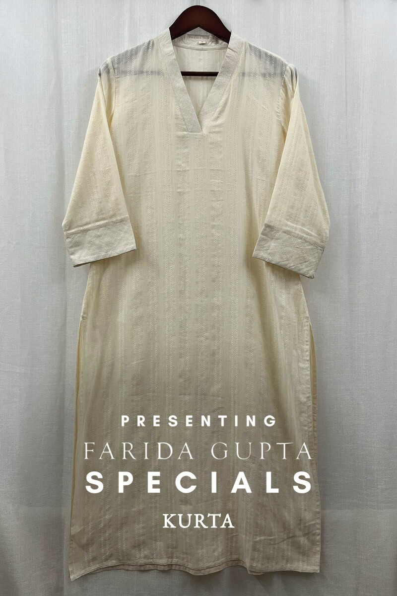 Cream Handcrafted Straight Cotton Dobby Kurta
