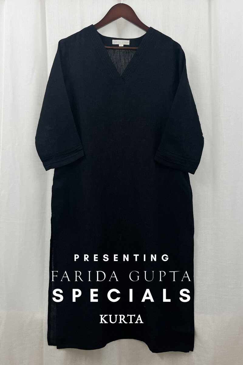 Black Handcrafted Straight Pure Linen Kurta