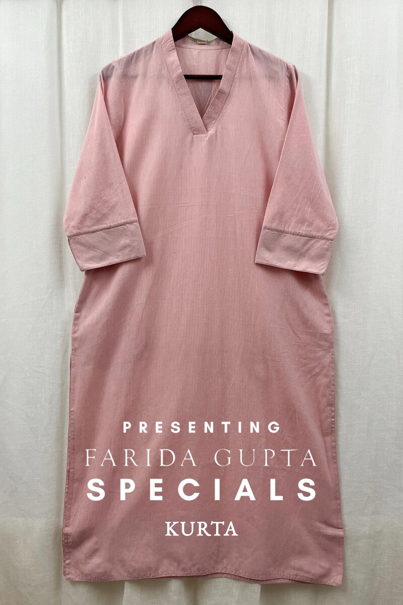 Pink Handcrafted Straight Handloom Cotton Kurta