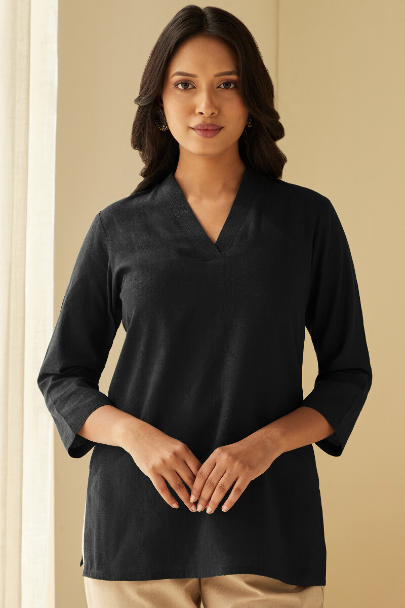 Black Handcrafted Cotton Flax Top