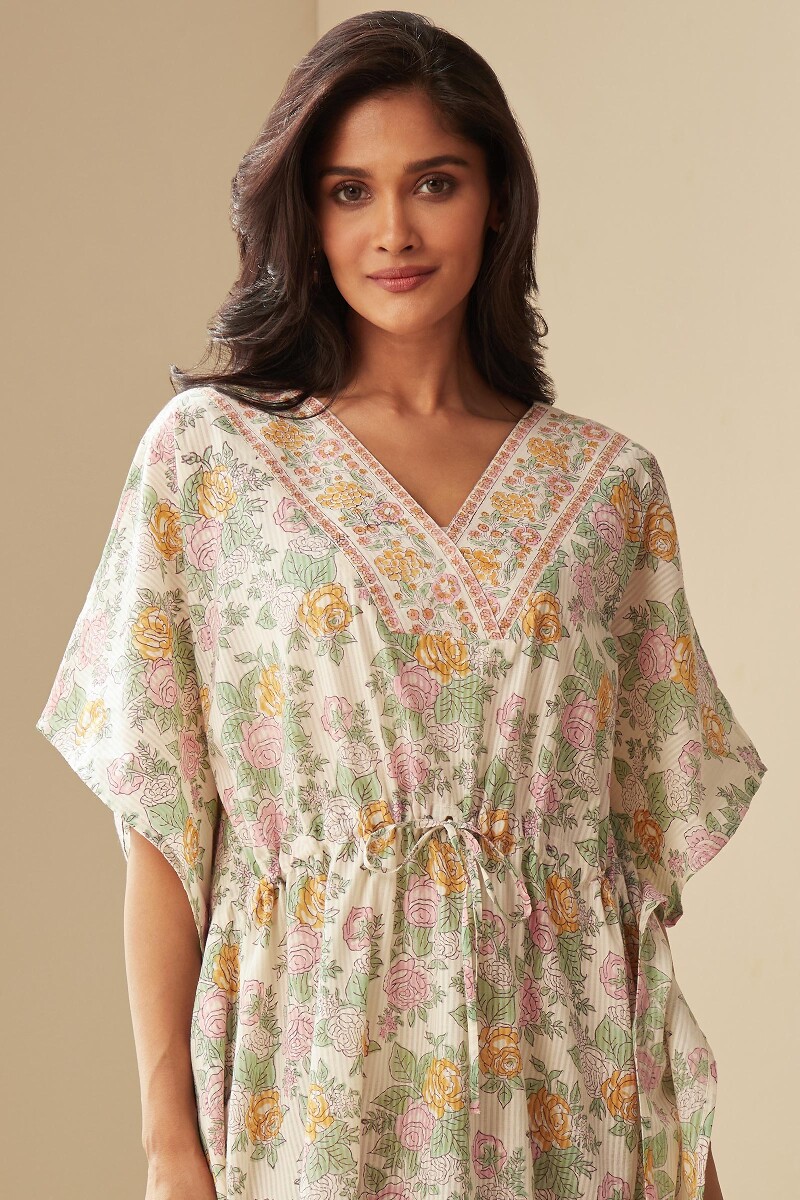 Off-White Hand Block-Printed Cotton Dobby Kaftan