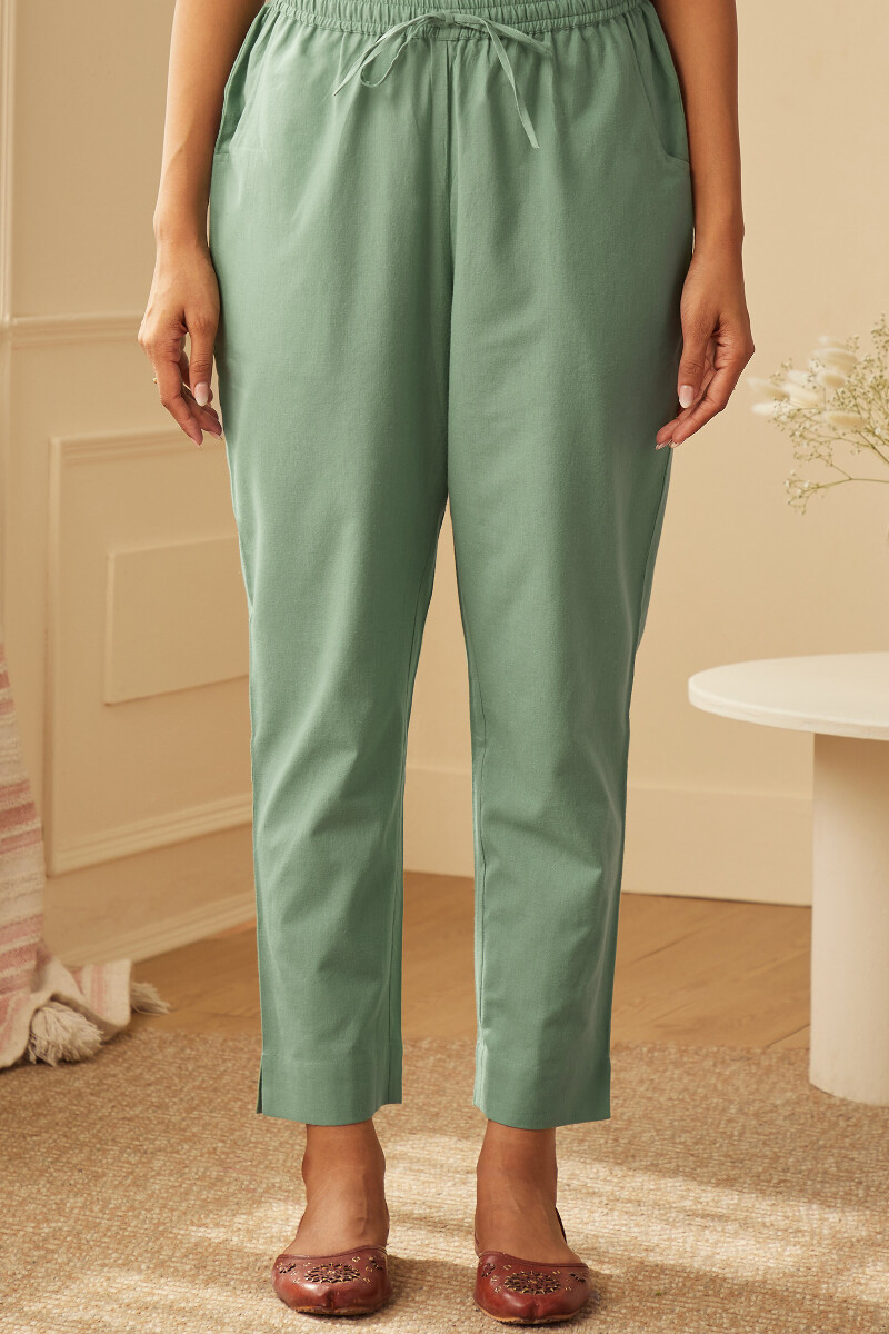 Green Handcrafted Cotton Narrow Pants