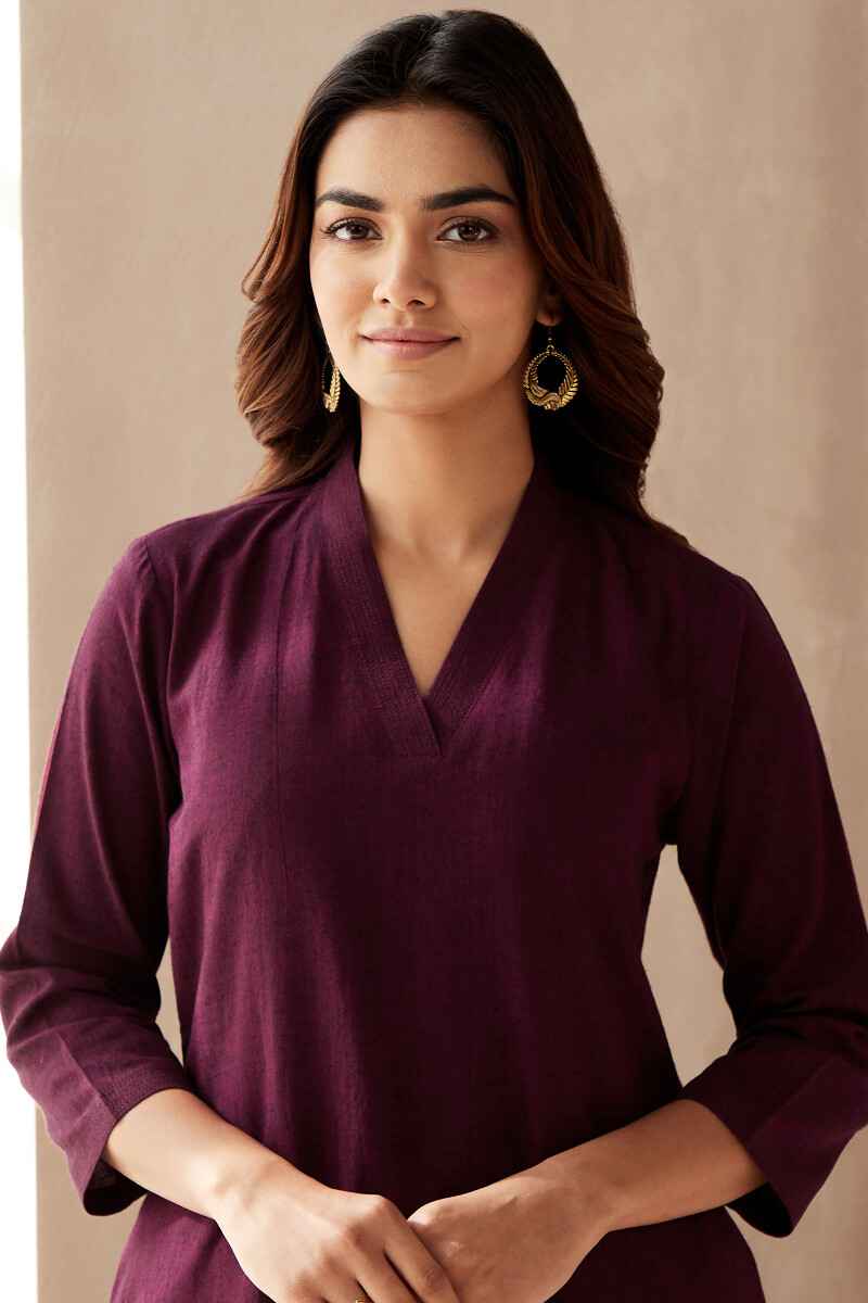 Purple Handcrafted Straight Cotton Flax Kurta