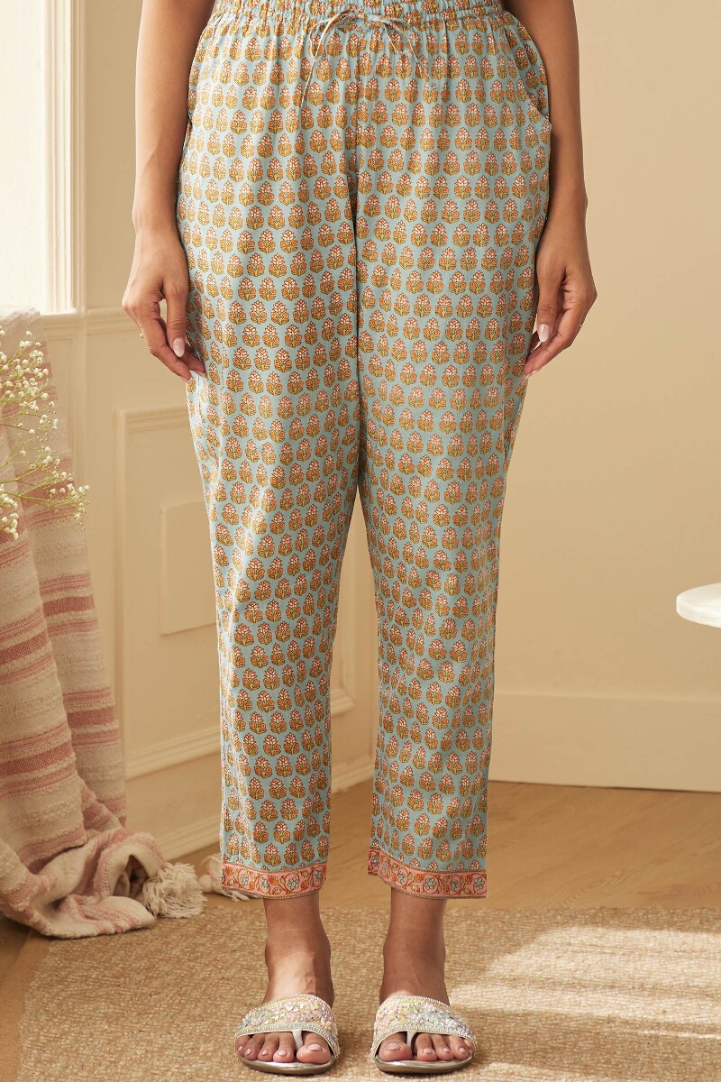 Blue Hand Printed Viscose Narrow Pants