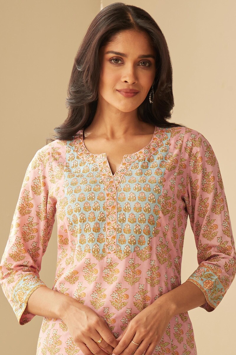 Pink Hand Printed Straight Viscose Kurta