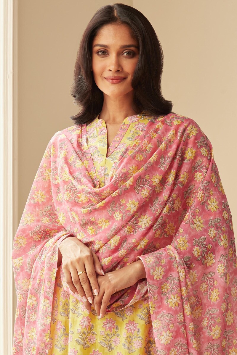 Pink Hand Block-Printed Cotton Mul Dupatta