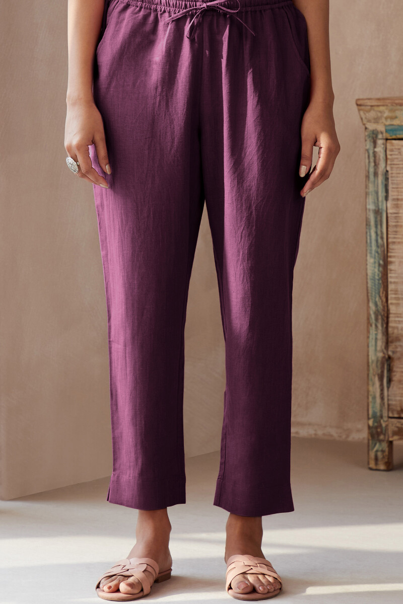 Wine Handcrafted Cotton Flax Narrow Pants