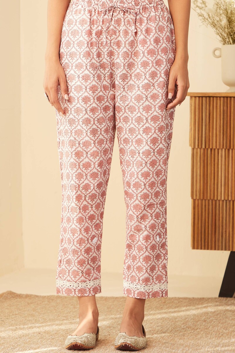 White Hand Block-Printed Cotton Narrow Pants