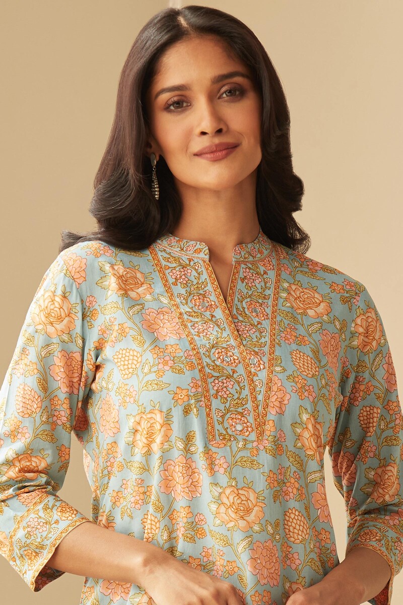 Blue Hand Printed Straight Viscose Kurta