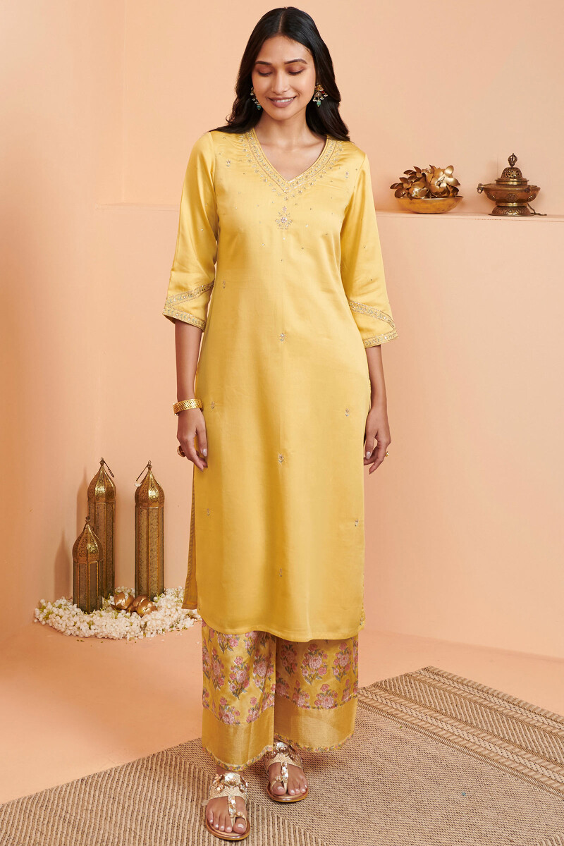 Yellow Handcrafted Straight Modal Kurta